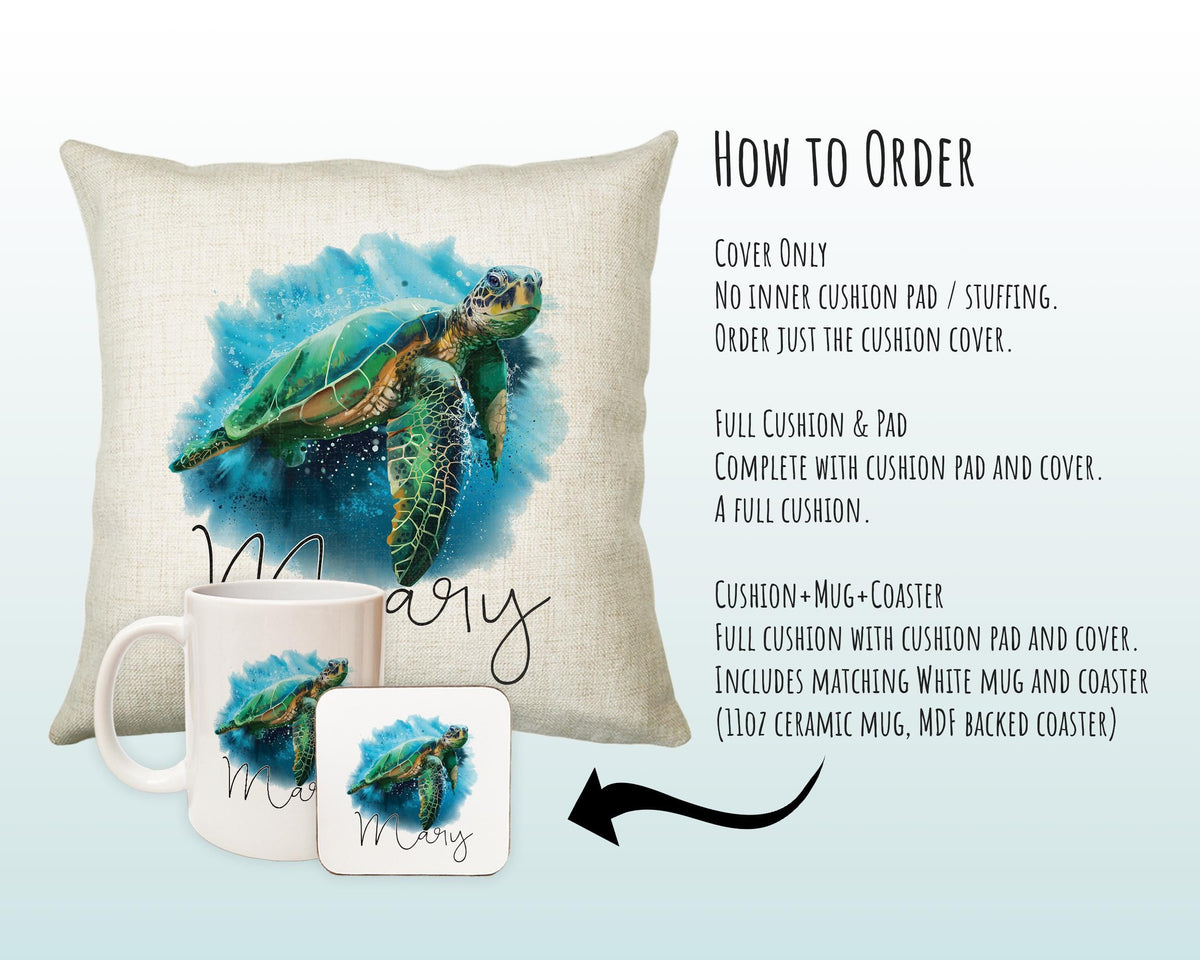 Personalised Sea Turtle Cushion Gift Printed Name Design - Cushion Throw Pillow Gift For Boy Girl Nursery Bedroom Christmas Gift CS084