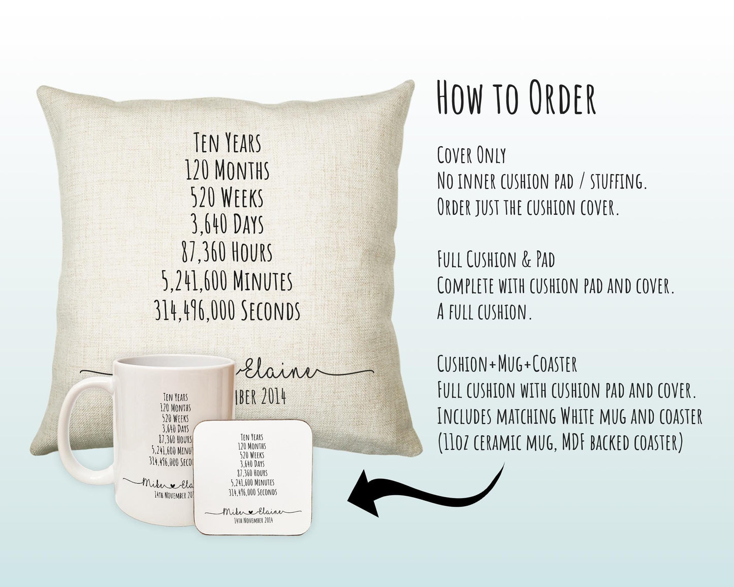 Personalised 10th Anniversary Cotton Gift Cushion Ten Years Custom Design Gift Valentines Present - Wedding Cushion Pillow Gift CS471