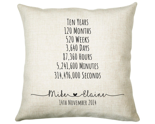 Personalised 10th Anniversary Cotton Gift Cushion Ten Years Custom Design Gift Valentines Present - Wedding Cushion Pillow Gift CS471