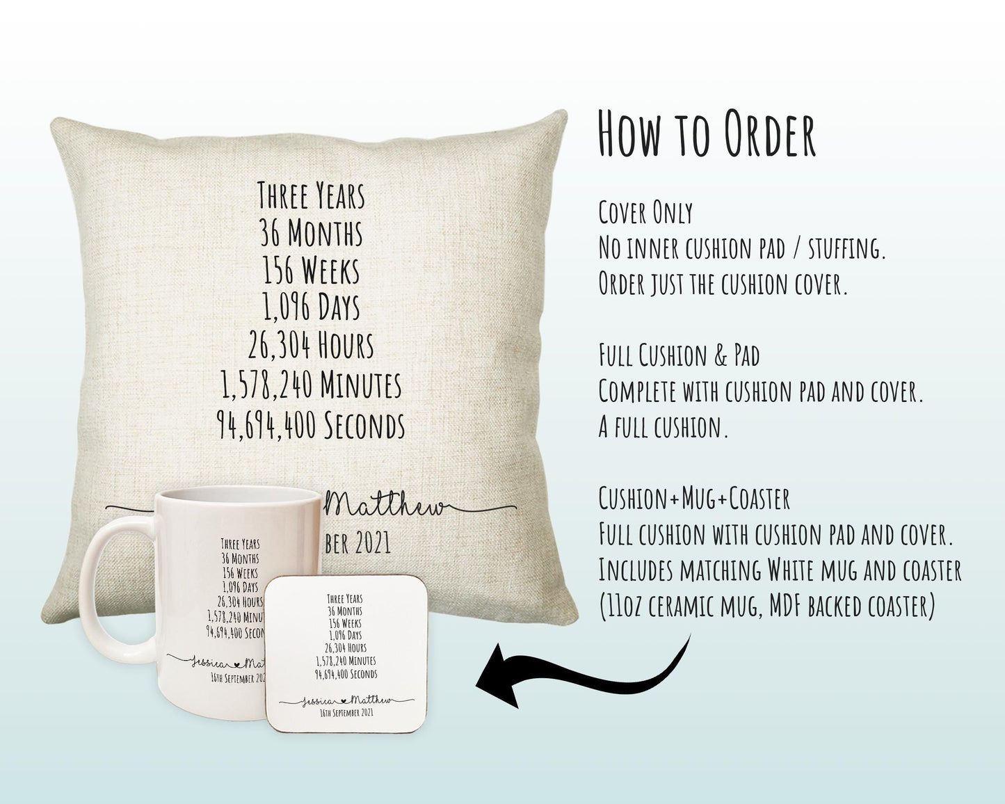 Personalised 3rd Anniversary Cotton Gift Cushion Three Years Custom Design Gift Valentines Present - Wedding Cushion Pillow Gift CS468