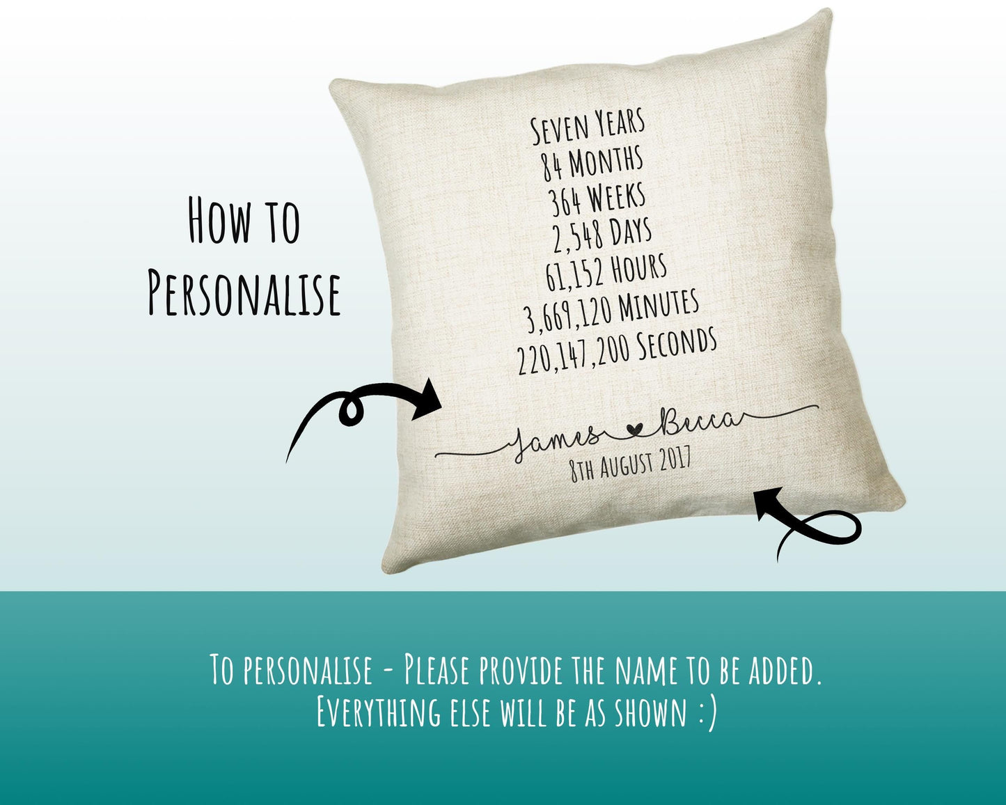 Personalised 7th Anniversary Cotton Gift Cushion Seven Years Custom Design Gift Valentines Present - Wedding Cushion Pillow Gift CS551