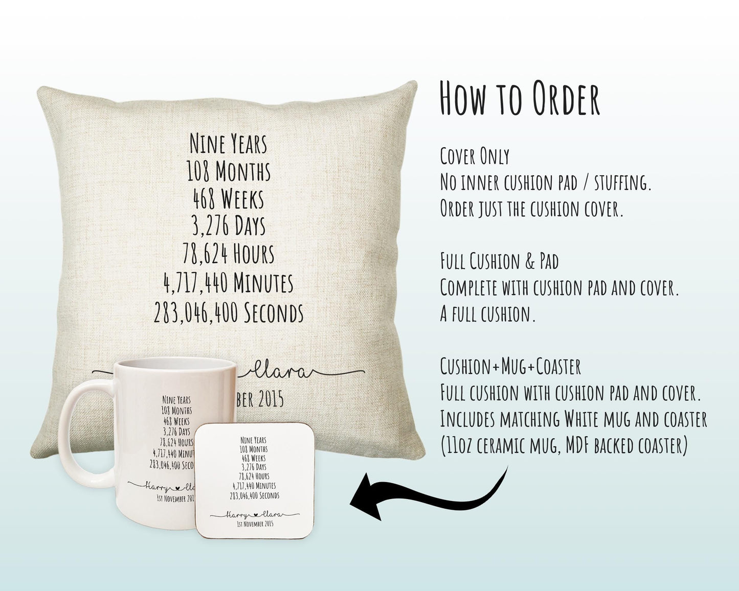 Personalised 9th Anniversary Cotton Gift Cushion Nine Years Custom Design Gift Valentines Present - Wedding Cushion Pillow Gift CS553