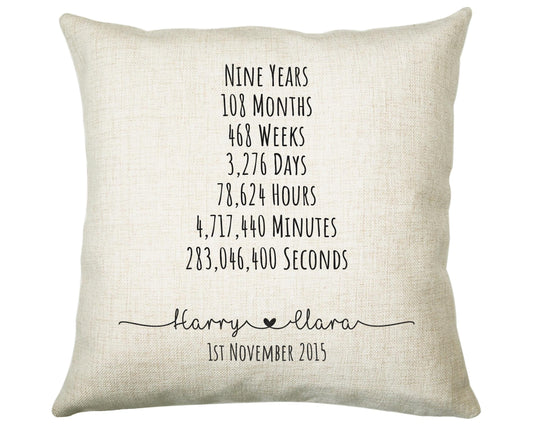 Personalised 9th Anniversary Cotton Gift Cushion Nine Years Custom Design Gift Valentines Present - Wedding Cushion Pillow Gift CS553