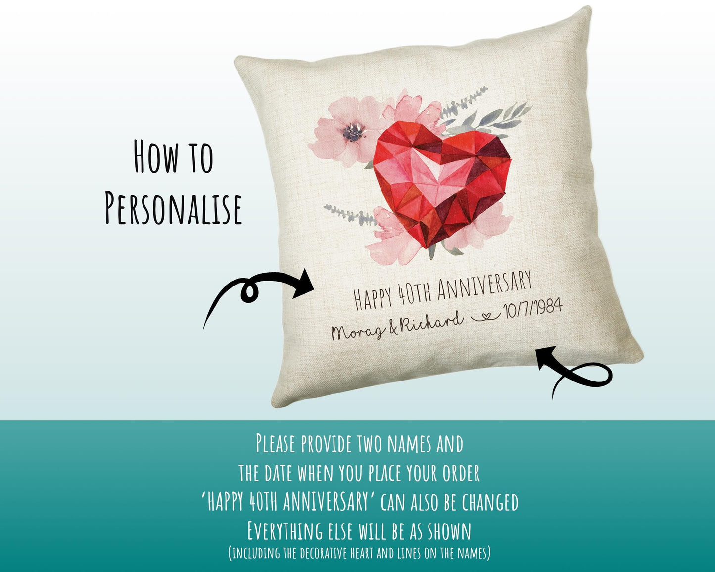 Personalised 40th Ruby Anniversary Gift Cushion 40 Years Custom Design Gift Valentines Present - Wedding Cushion Pillow Gift STC0095