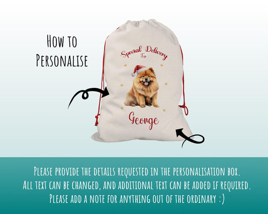 Personalised Chow Chow Large Christmas Sack - Red Drawstring Bag for Xmas Presents - Christmas Eve Bag Box Decoration for Dogs XS086