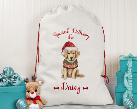 Personalised Golden Retriever Large Christmas Sack - Red Drawstring Bag for Xmas Presents - Christmas Eve Bag Box Decoration for Dogs XS008