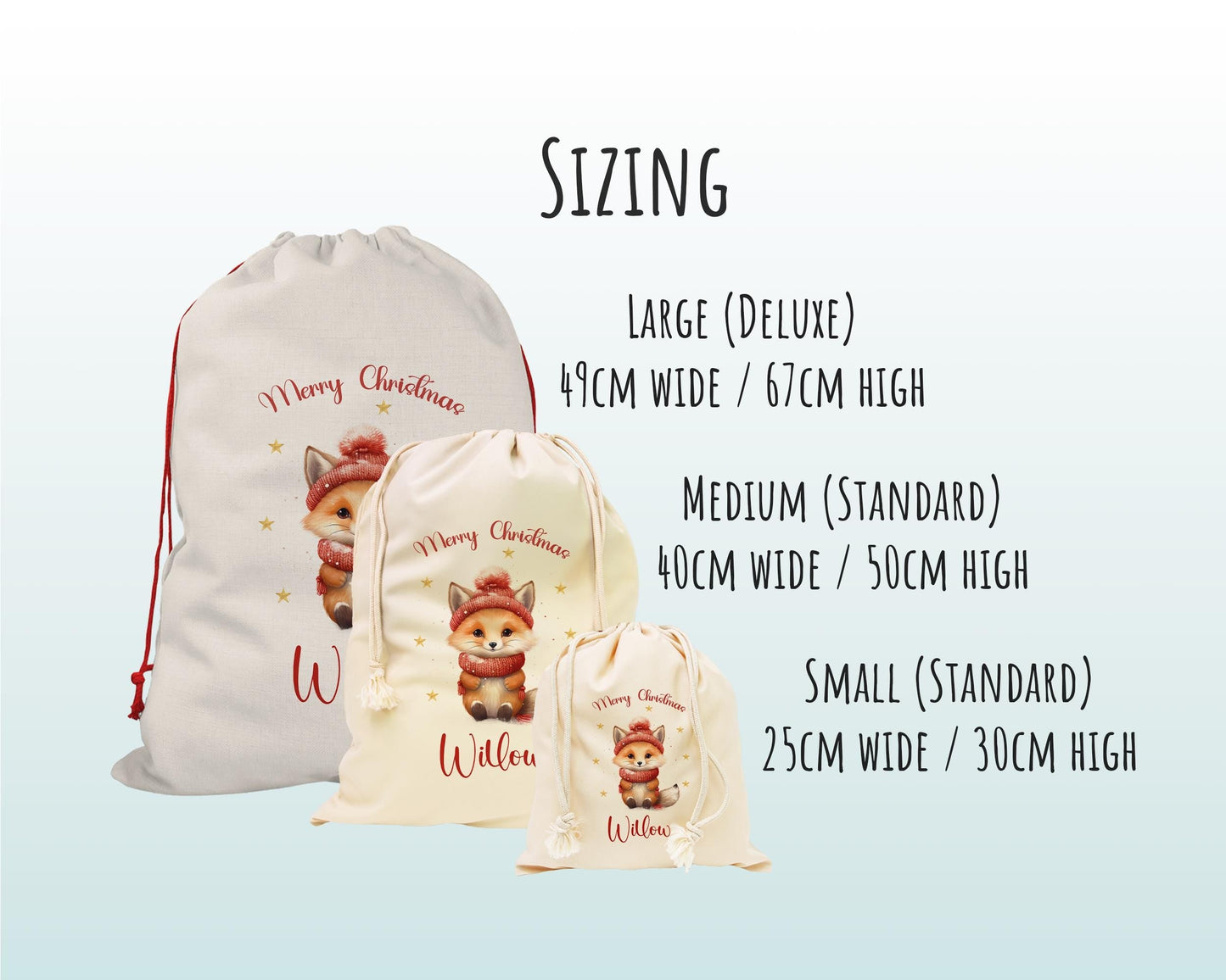 Personalized Christmas Sack – Cute Winter Fox Design, Xmas Gift Bag XS039