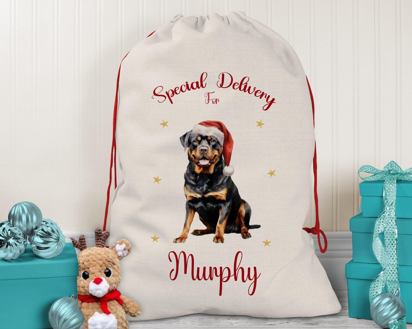Personalised Rottweiler Dog Large Christmas Sack - Red Drawstring Bag for Xmas Presents - Christmas Eve Bag Box Decoration for Dogs XS140