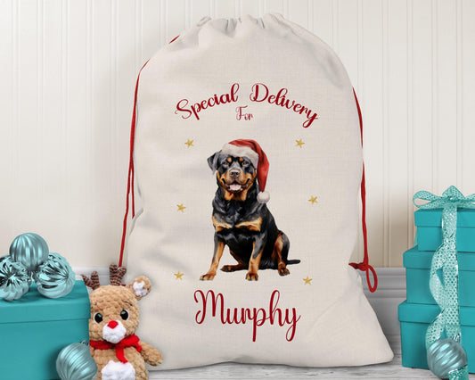 Personalised Rottweiler Dog Large Christmas Sack - Red Drawstring Bag for Xmas Presents - Christmas Eve Bag Box Decoration for Dogs XS140
