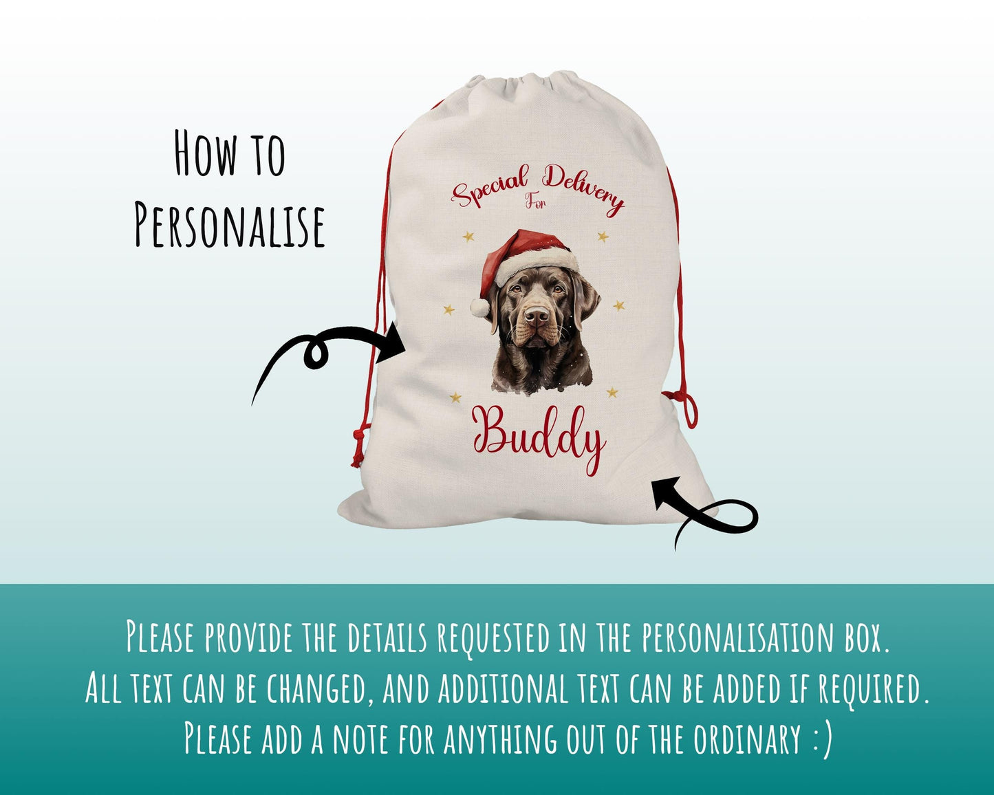 Personalised Chocolate Labrador Large Christmas Sack - Red Drawstring Bag for Xmas Presents Christmas Eve Bag Box Decoration for Dogs XS123