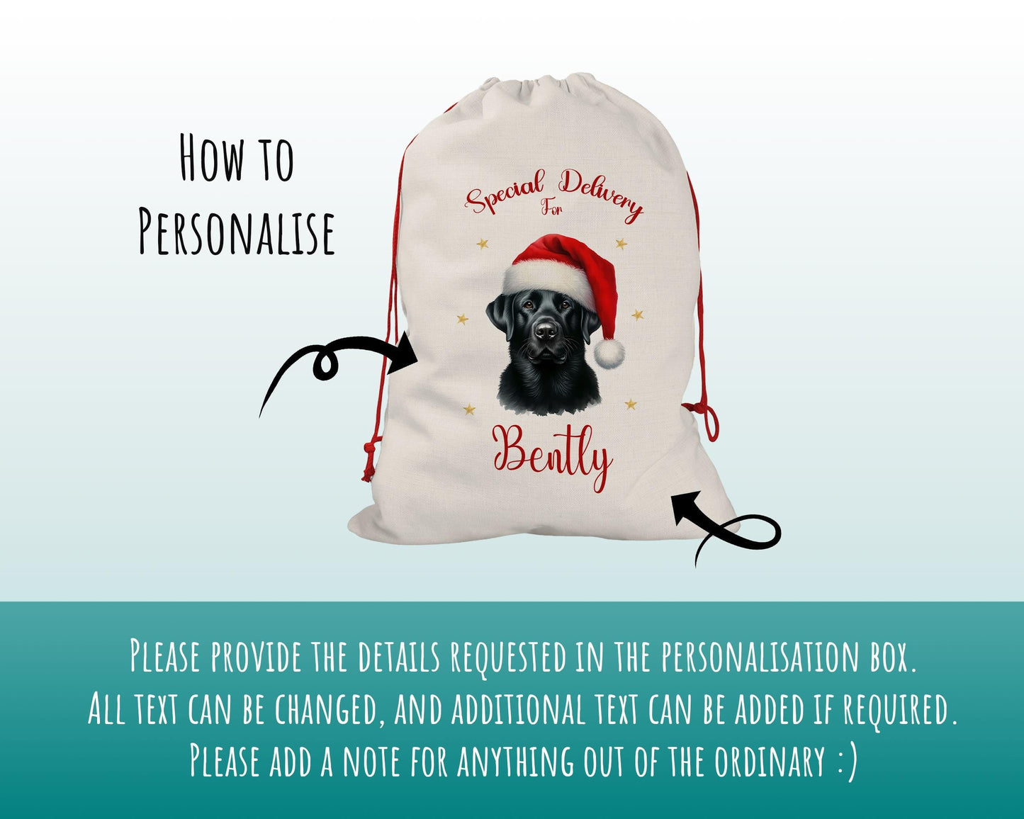 Personalised Black Labrador Large Christmas Sack - Red Drawstring Bag for Xmas Presents - Christmas Eve Bag Box Decoration for Dogs XS121