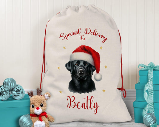 Personalised Black Labrador Large Christmas Sack - Red Drawstring Bag for Xmas Presents - Christmas Eve Bag Box Decoration for Dogs XS121