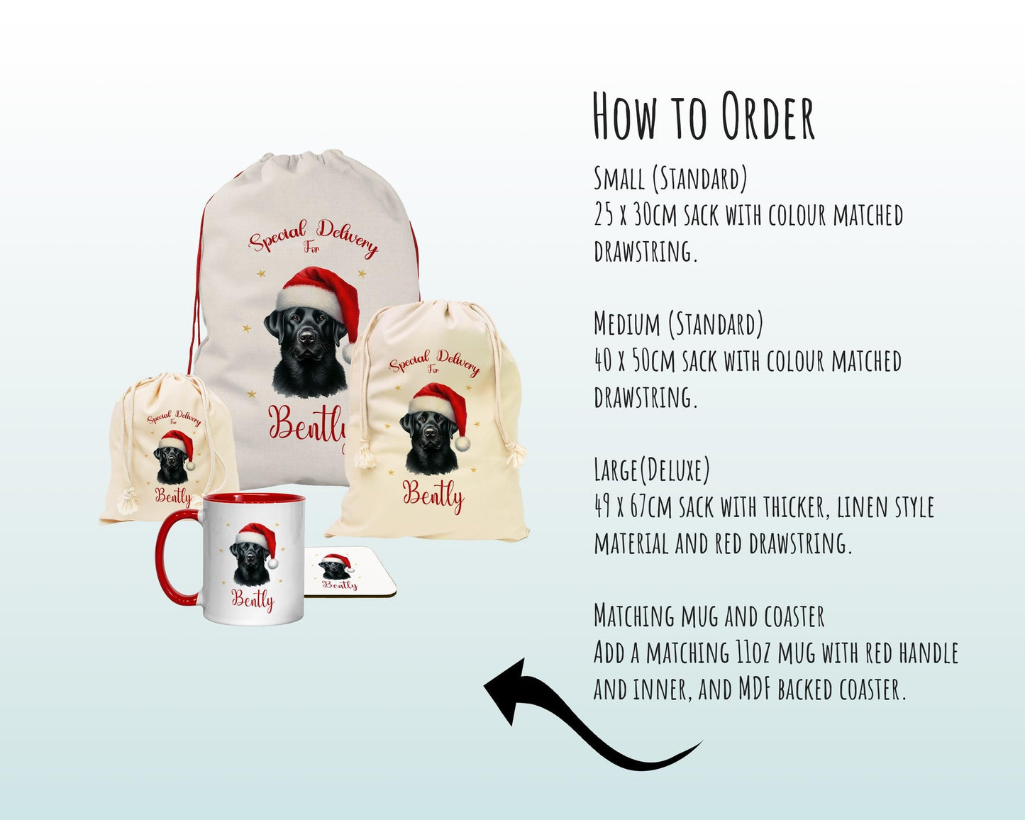 Personalised Black Labrador Large Christmas Sack - Red Drawstring Bag for Xmas Presents - Christmas Eve Bag Box Decoration for Dogs XS121