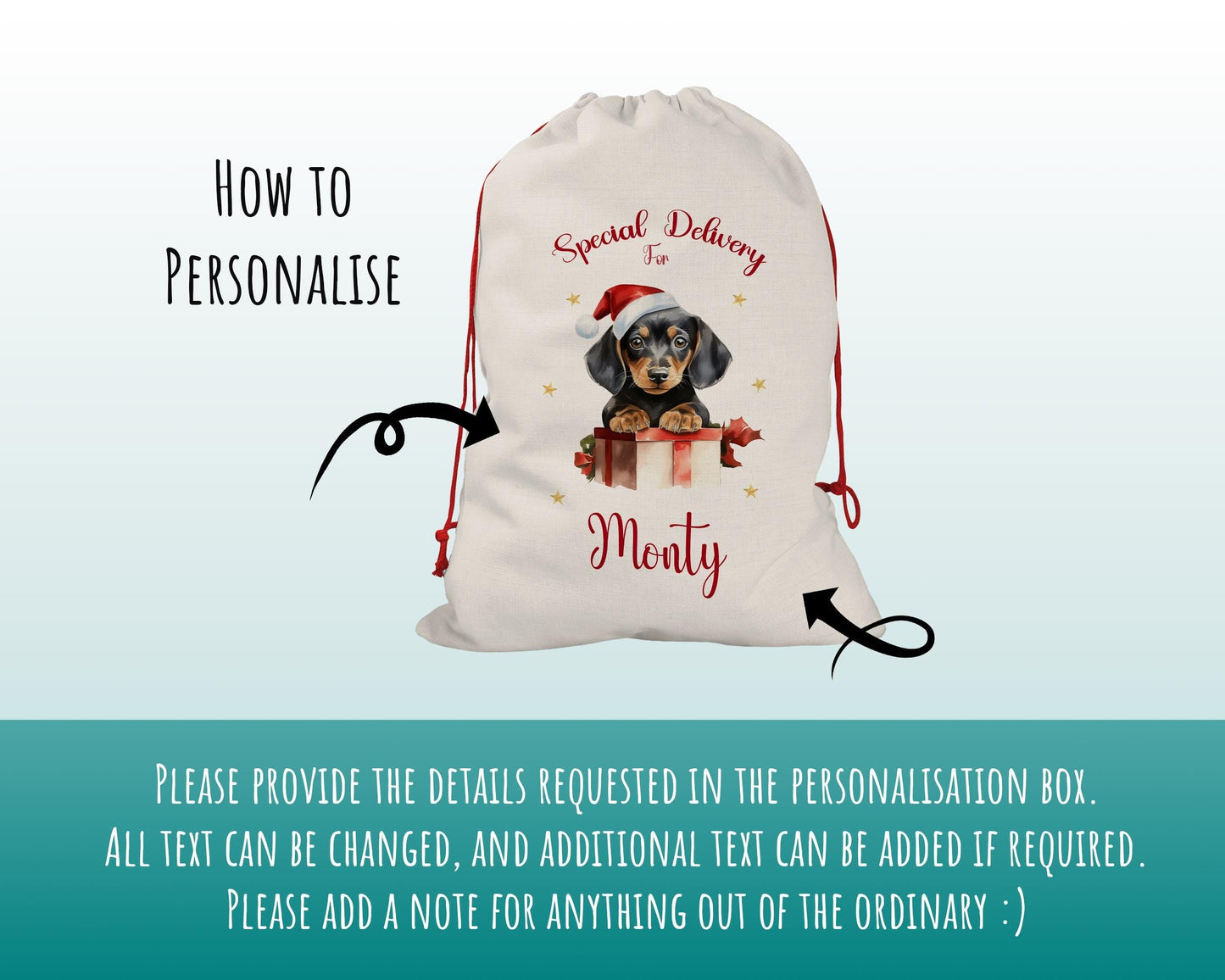 Personalised Dachshund Large Christmas Sack - Red Drawstring Bag for Xmas Presents - Christmas Eve Bag Box Decoration for Dogs XS092