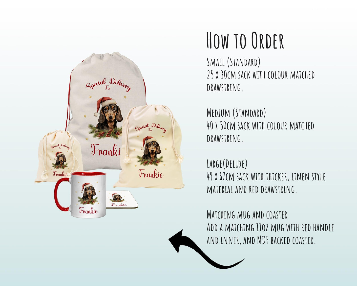 Personalised Dachshund Large Christmas Sack - Red Drawstring Bag for Xmas Presents - Christmas Eve Bag Box Decoration for Dogs XS090