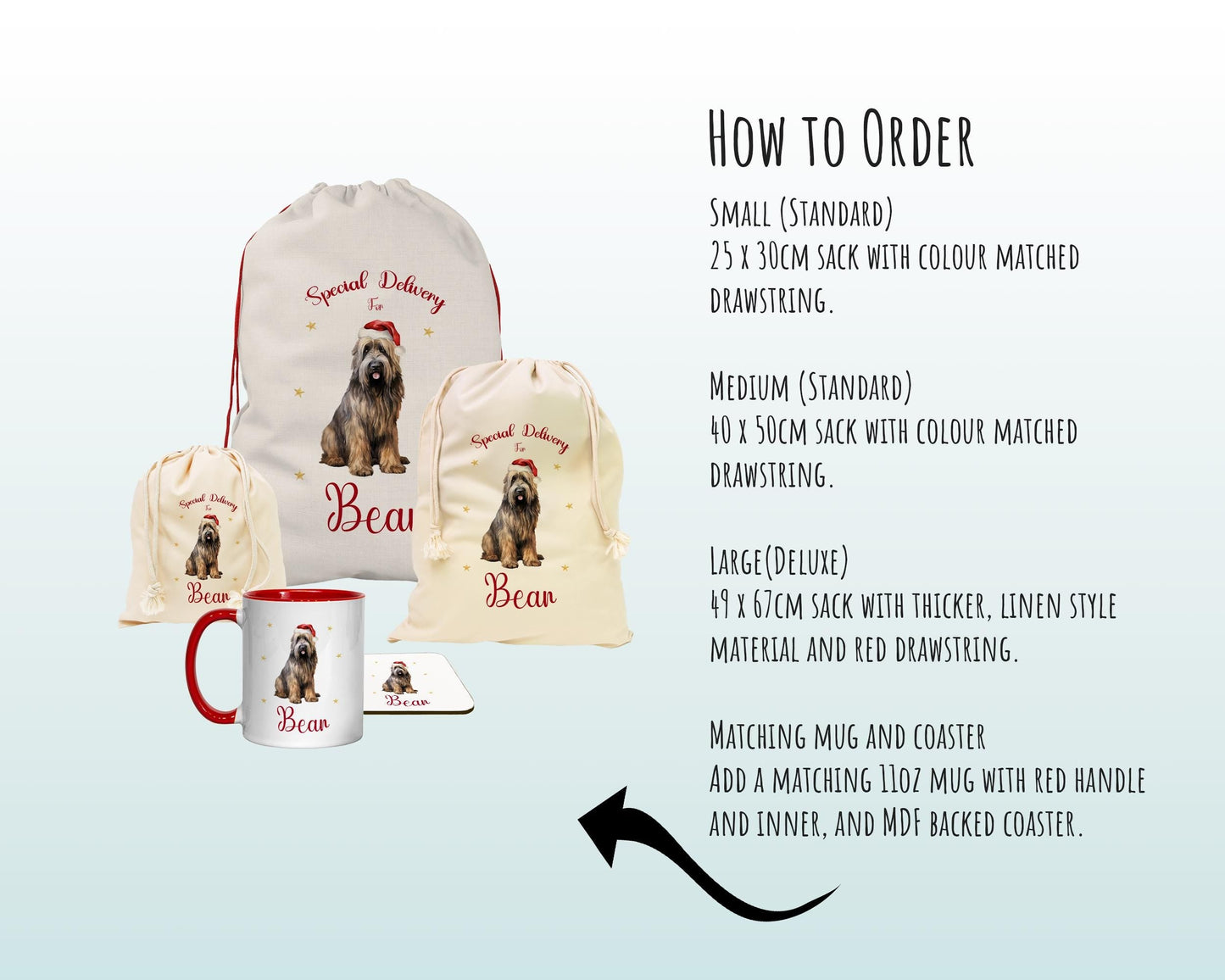 Personalised Briard Dog Large Christmas Sack - Red Drawstring Bag for Xmas Presents - Christmas Eve Bag Box Decoration for Dogs XS079