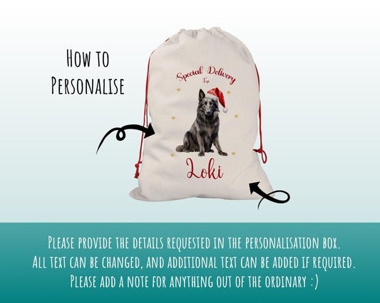 Personalised Belgian Sheepdog Large Christmas Sack - Red Drawstring Bag for Xmas Presents - Christmas Eve Bag Box Decoration for Dogs XS073