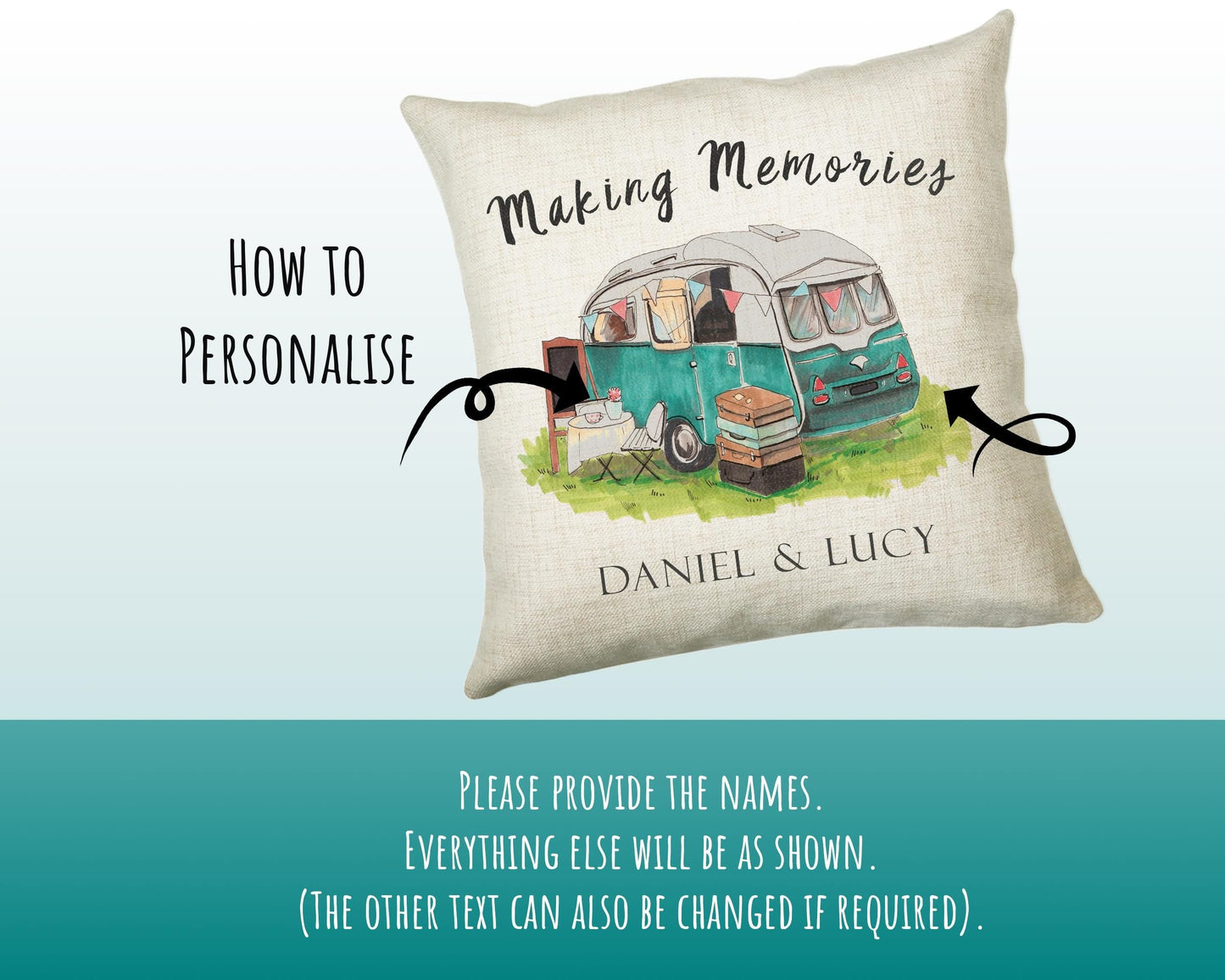 Personalised Caravan Camping Lovers Cushion Gift Shabby Chic Design For Caravan Motorhome Owners Enthusiasts CS196