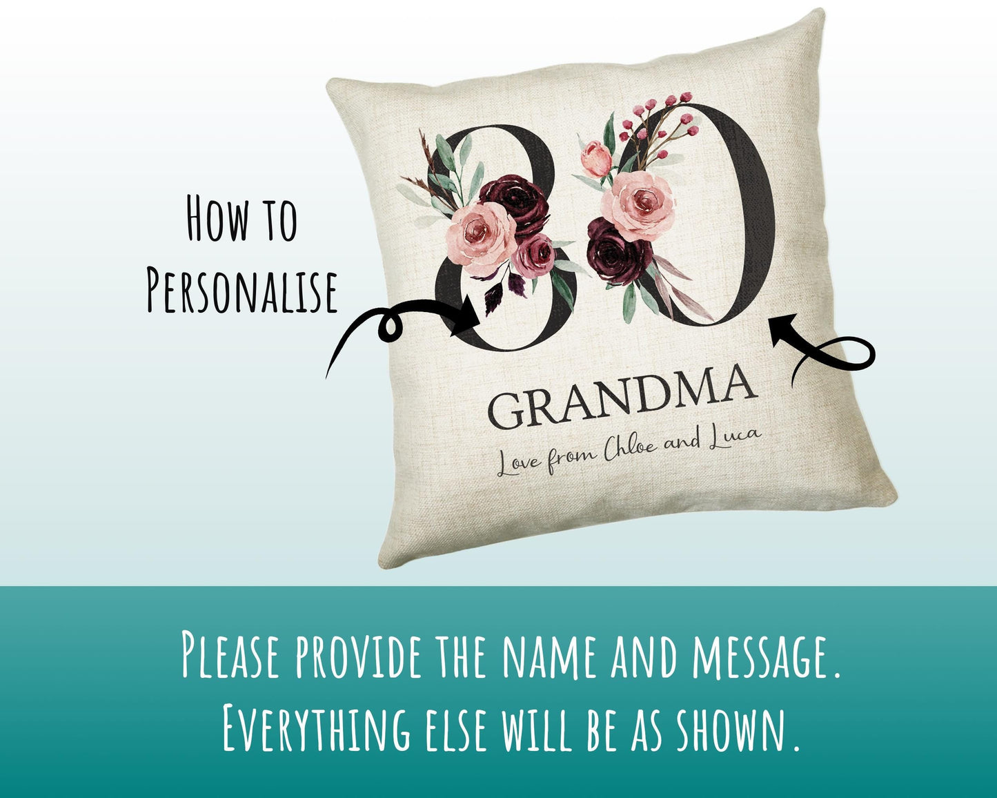 Personalised 80th Birthday Cushion Gift Printed Name Design - Cushion Throw Pillow Gift For Mum Nan Grandma Birthday Gift Idea CS003