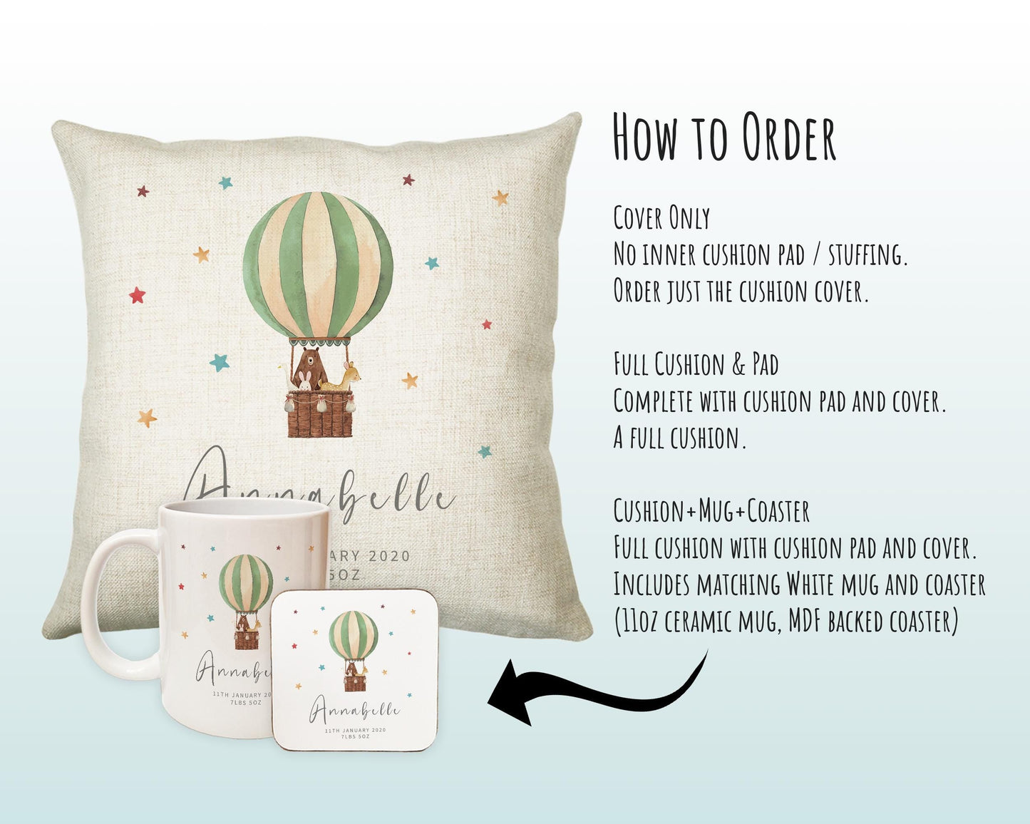 Personalised Baby Cushion New Baby Gift Hot Air Balloon Printed Name Design - Pillow Gift For Girls Boys Nursery Bedroom Decor Gift CS462