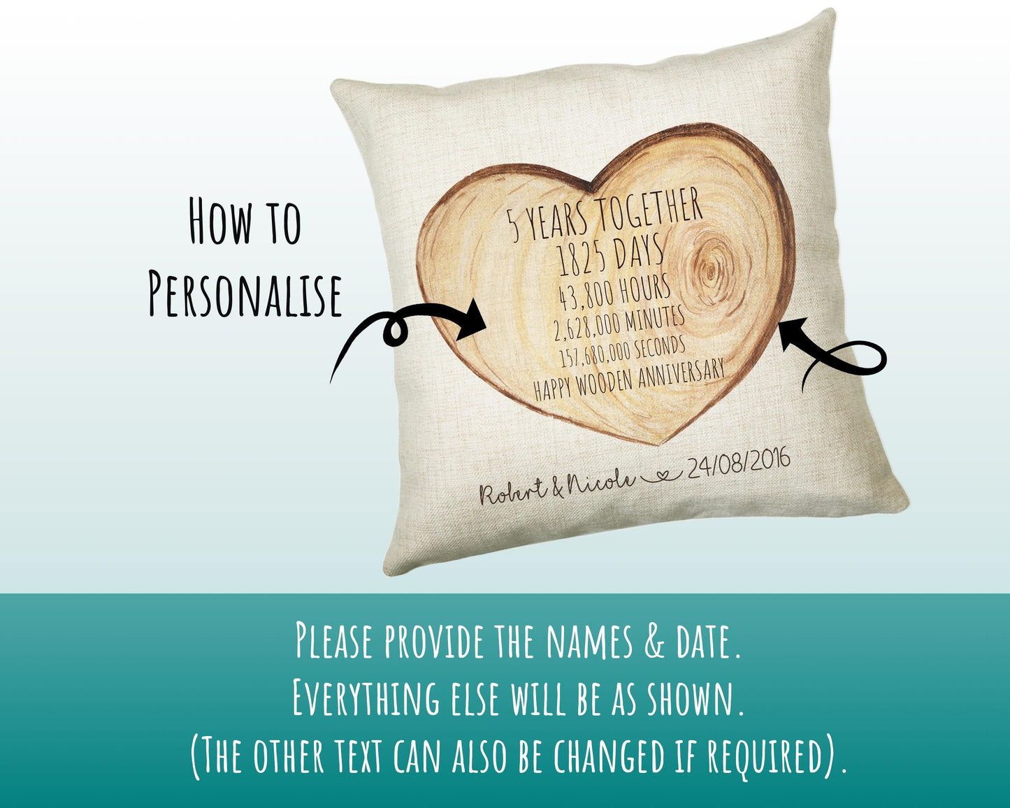 Personalised 5th Wooden Anniversary Cotton Gift Cushion 5 Years Custom Design Gift Valentines Present - Wedding Cushion Pillow Gift CS385