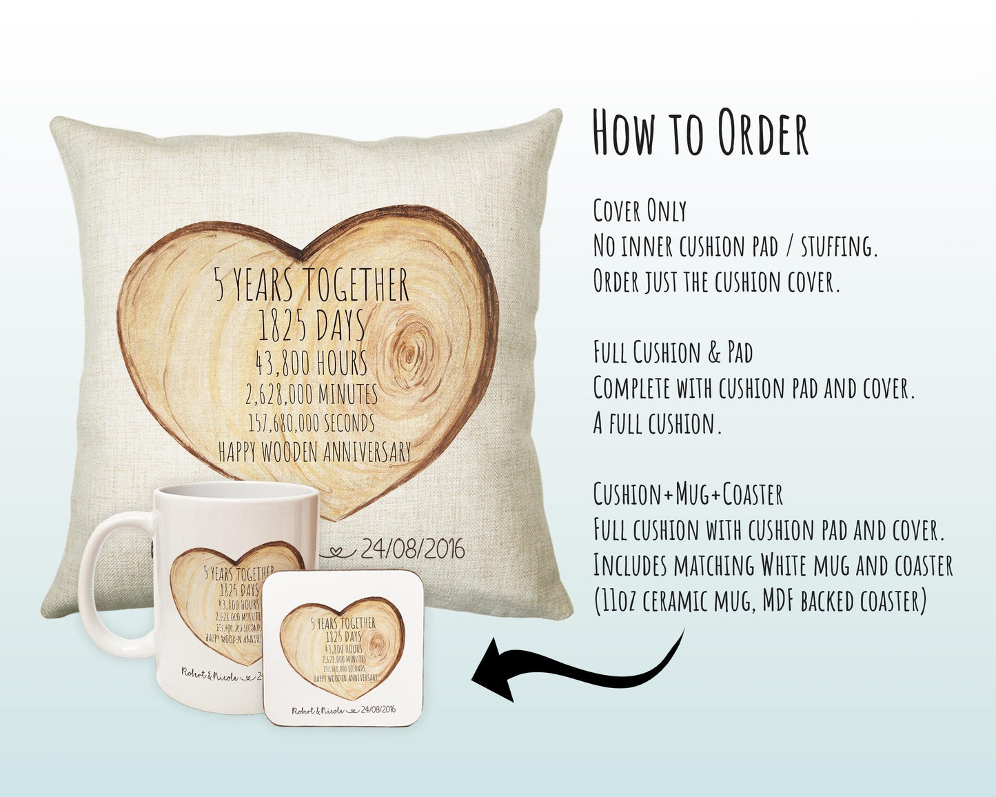 Personalised 5th Wooden Anniversary Cotton Gift Cushion 5 Years Custom Design Gift Valentines Present - Wedding Cushion Pillow Gift CS385