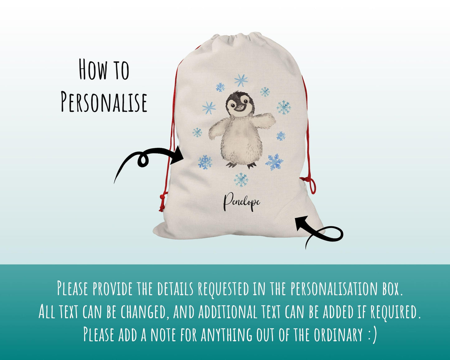 Personalised Large Christmas Sack Penguin Name Xmas Stocking Gift Stocking Rudolph Sack Red Drawstring Christmas Decoration SK109