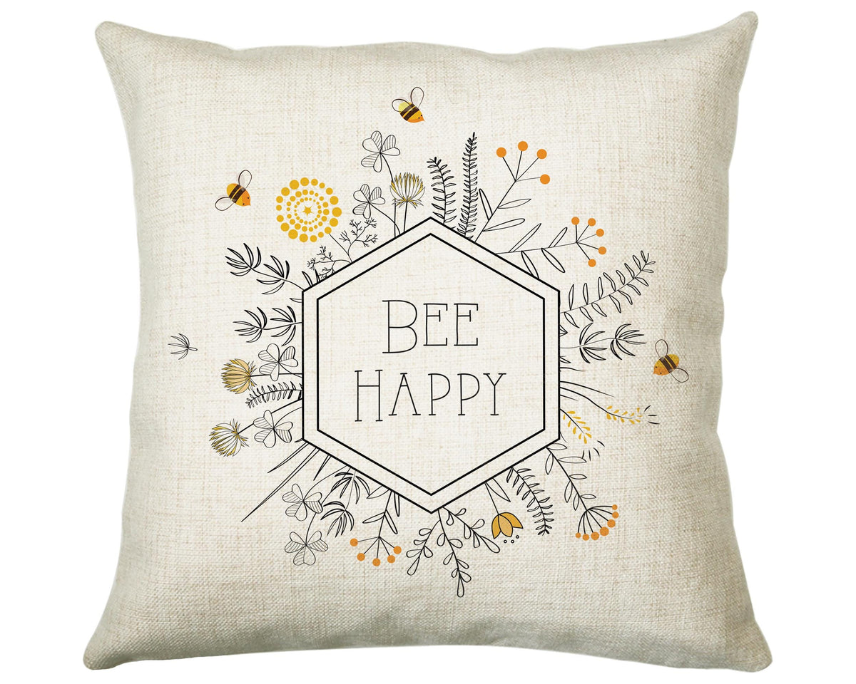 Bee Happy Cushion Gift Printed Flowers Floral Design - Bumble Bee Cushion Throw Pillow Gift For Beekeeper Gardener Gardening Christmas CS217