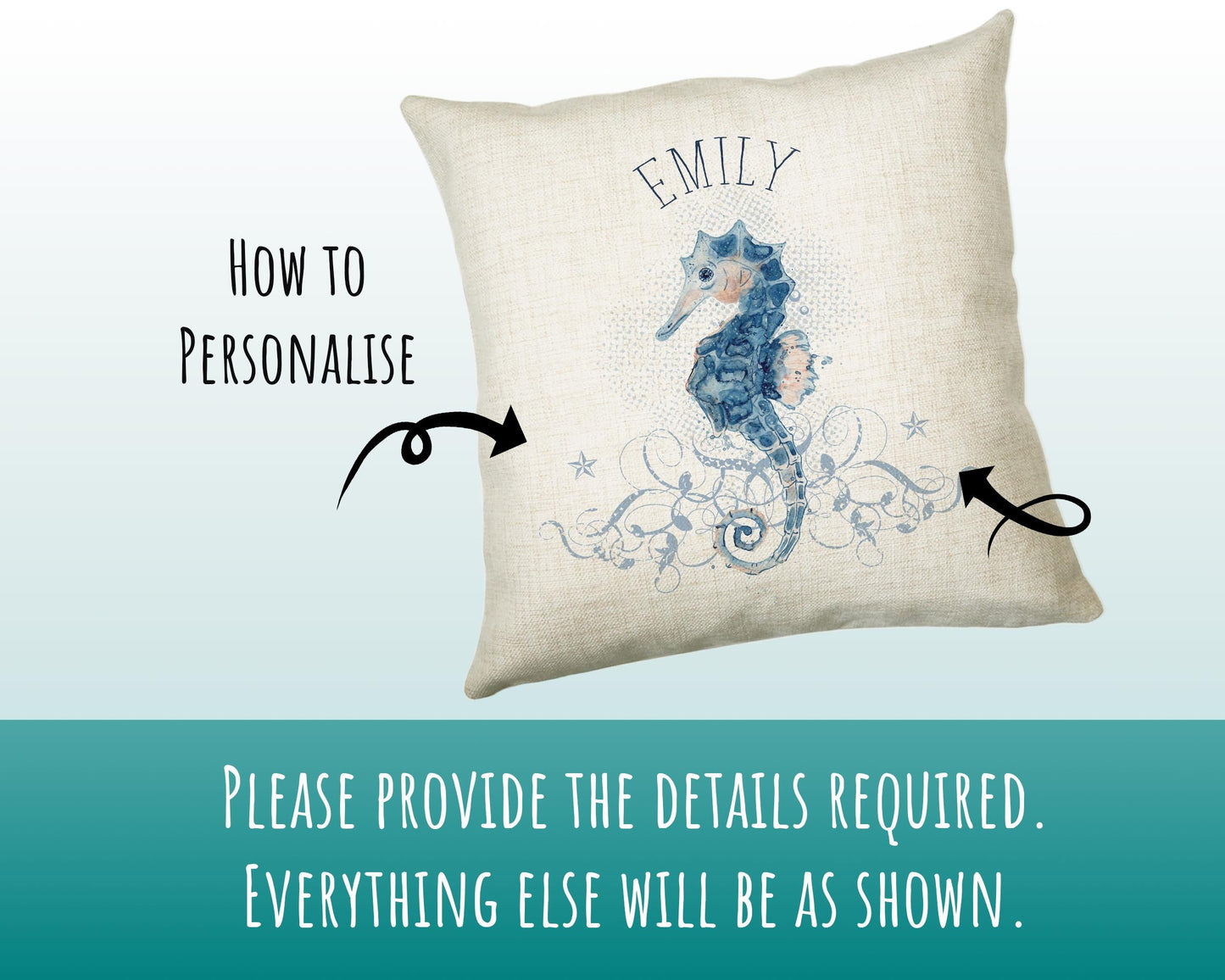 Personalised Seahorse Cushion Gift Printed Name Design - Nautical Sea Horse Throw Pillow Gift For Her Mum Gift Christmas Gift CS202