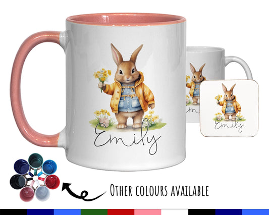 Personalised Bunny Rabbit Gift Mug - Ceramic Coffee Tea Hot Chocolate Mug Coaster Cute Rabbit Flowers Animal - Secret Santa Gift Idea MG0867