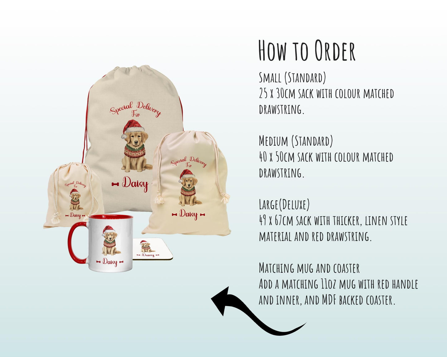 Personalised Golden Retriever Large Christmas Sack - Red Drawstring Bag for Xmas Presents - Christmas Eve Bag Box Decoration for Dogs XS008