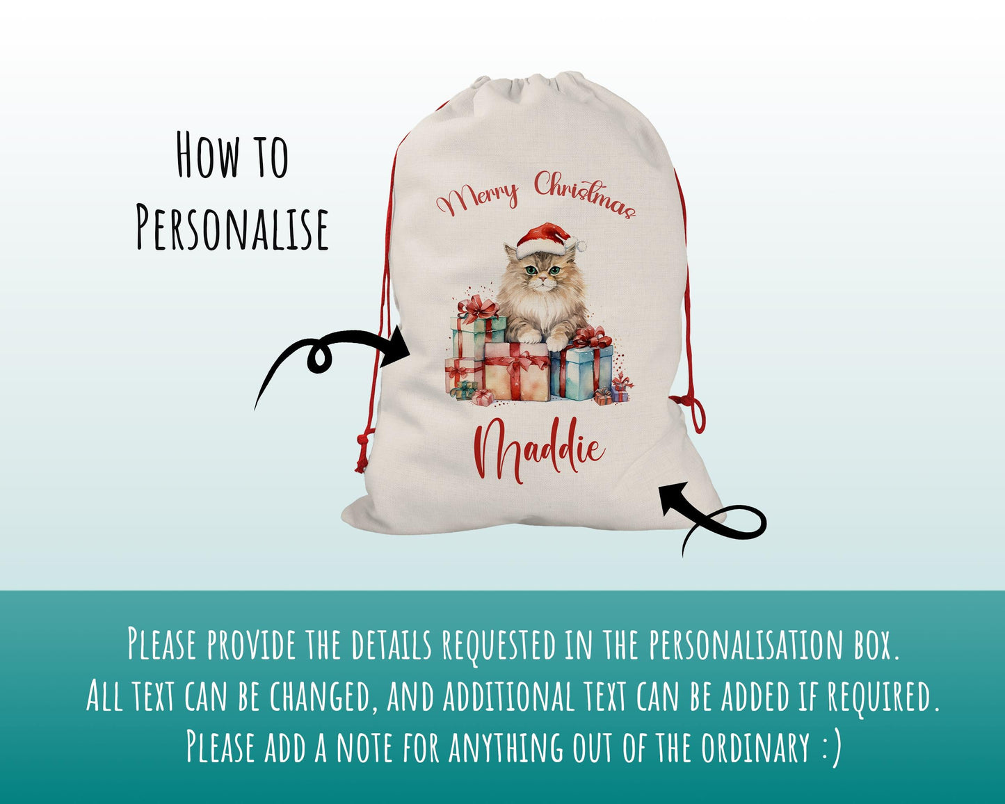 Personalized Christmas Sack – Cute Cat Design, Xmas Gift Bag XS054