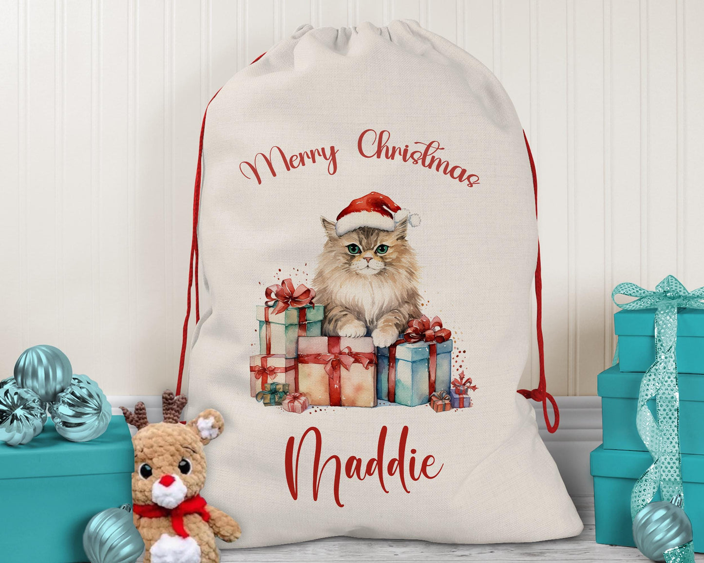 Personalized Christmas Sack – Cute Cat Design, Xmas Gift Bag XS054