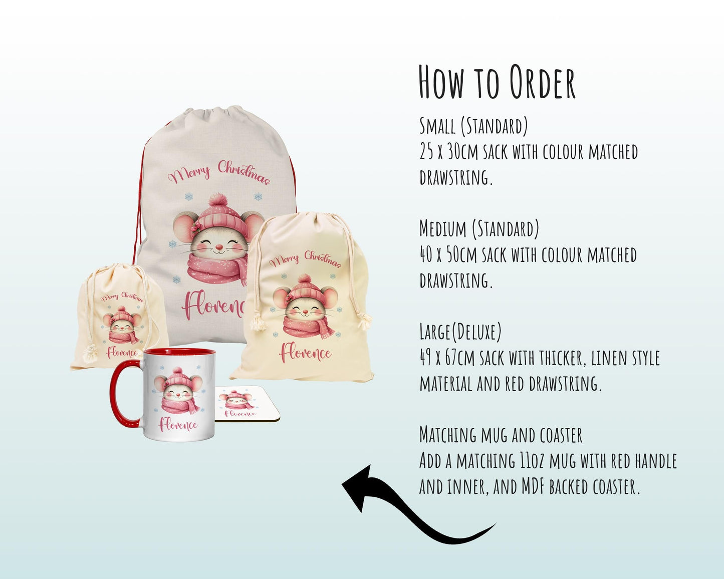 Personalised Christmas Sack - Santa Sack for Kids Presents Xmas Cute Mouse Design Stocking Christmas Eve Bag Box for Girls & Boys XS043