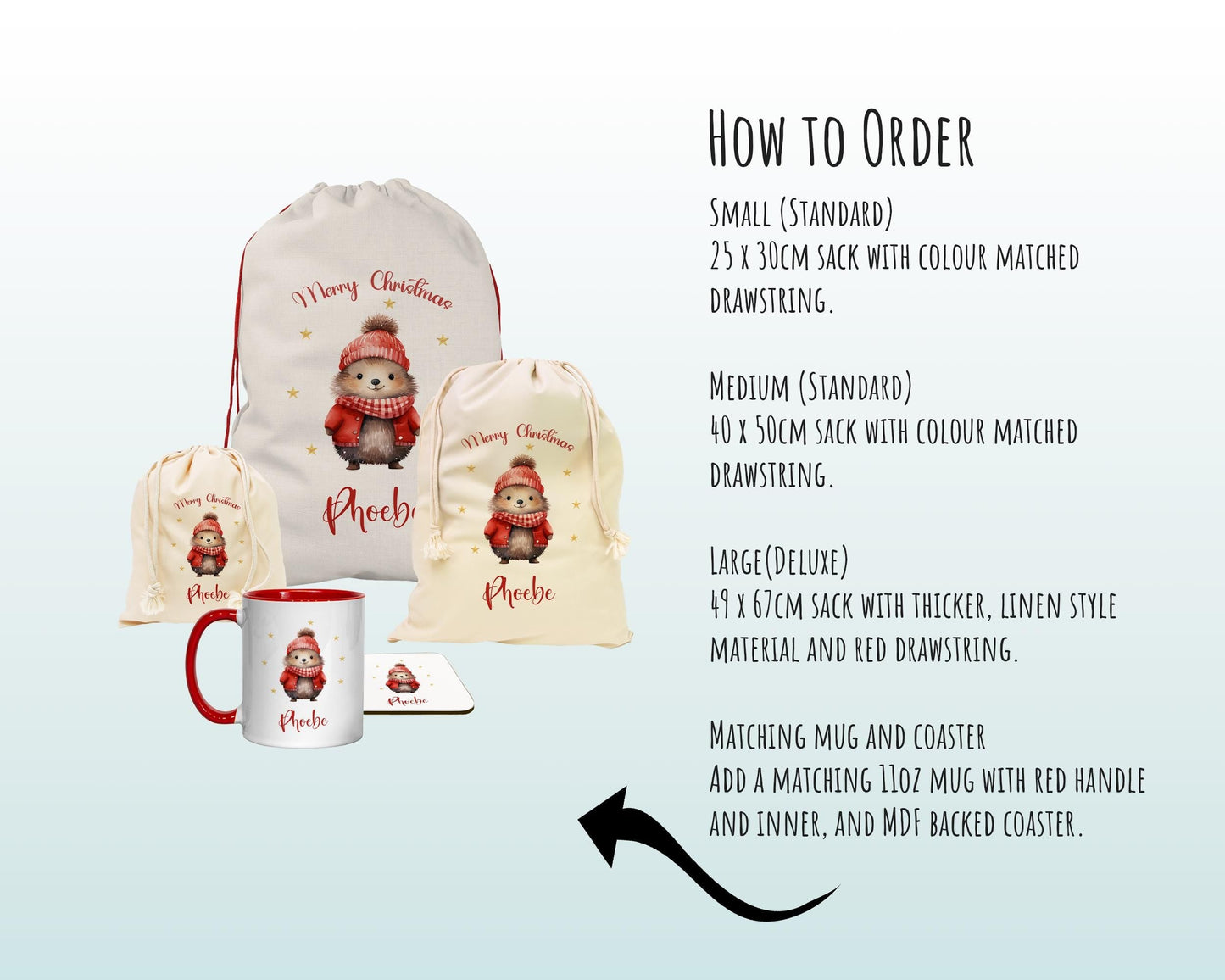 Personalised Christmas Sack - Santa Sack for Kids Presents Xmas Cute Hedgehog Design Stocking Christmas Eve Bag Box for Girls & Boys XS040