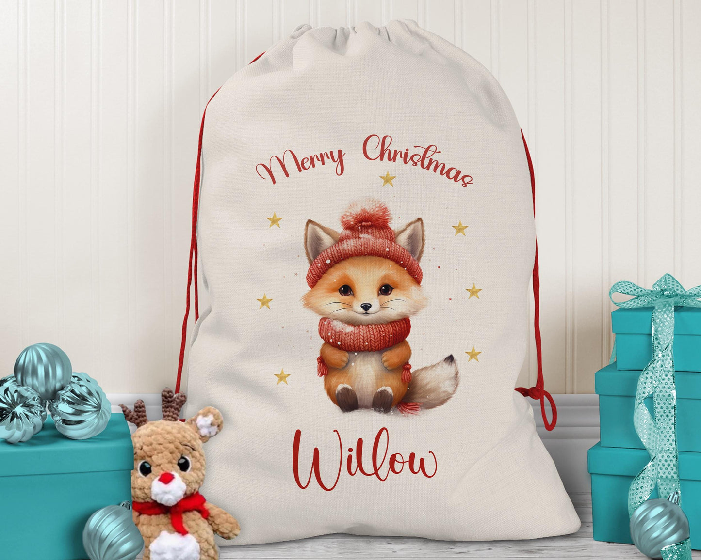Personalized Christmas Sack – Cute Winter Fox Design, Xmas Gift Bag XS039