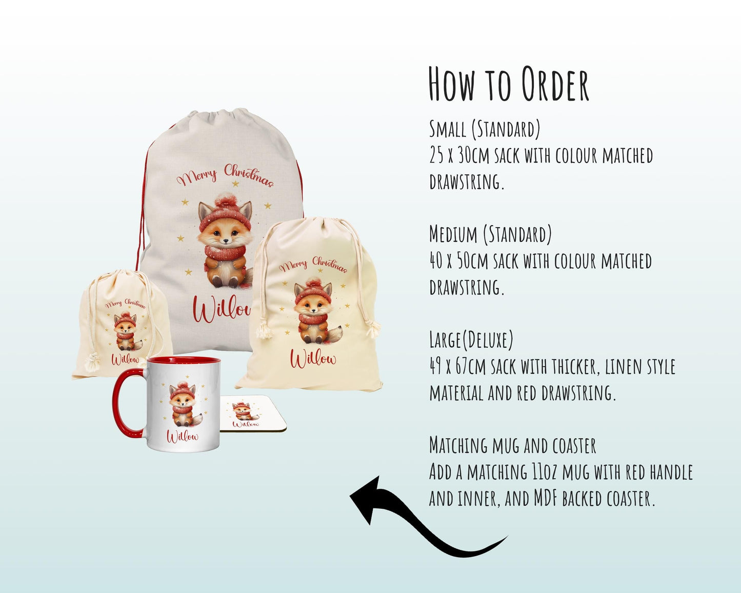 Personalized Christmas Sack – Cute Winter Fox Design, Xmas Gift Bag XS039