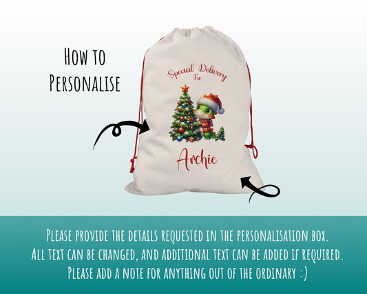 Personalised Christmas Sack - Santa Sack for Kids Presents Xmas Dinosaur Tree Design Stocking Christmas Eve Bag Box for Girls & Boys XS021