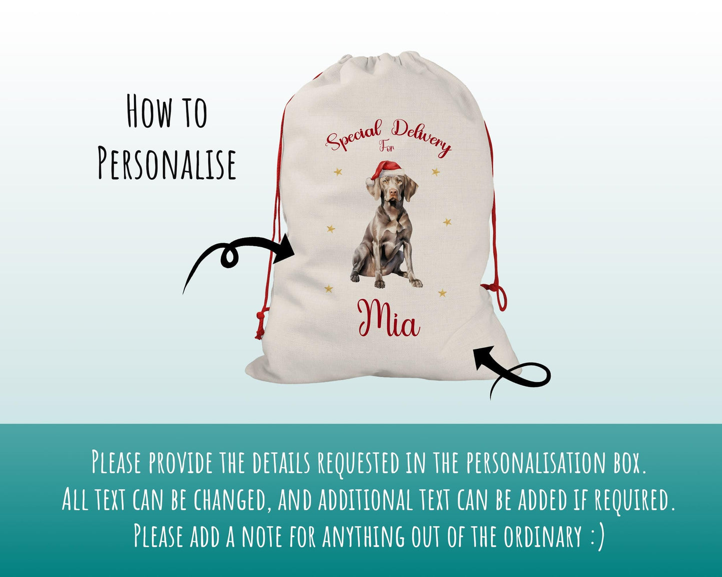 Personalised Weimaraner Dog Large Christmas Sack - Red Drawstring Bag for Xmas Presents - Christmas Eve Bag Box Decoration for Dogs XS153