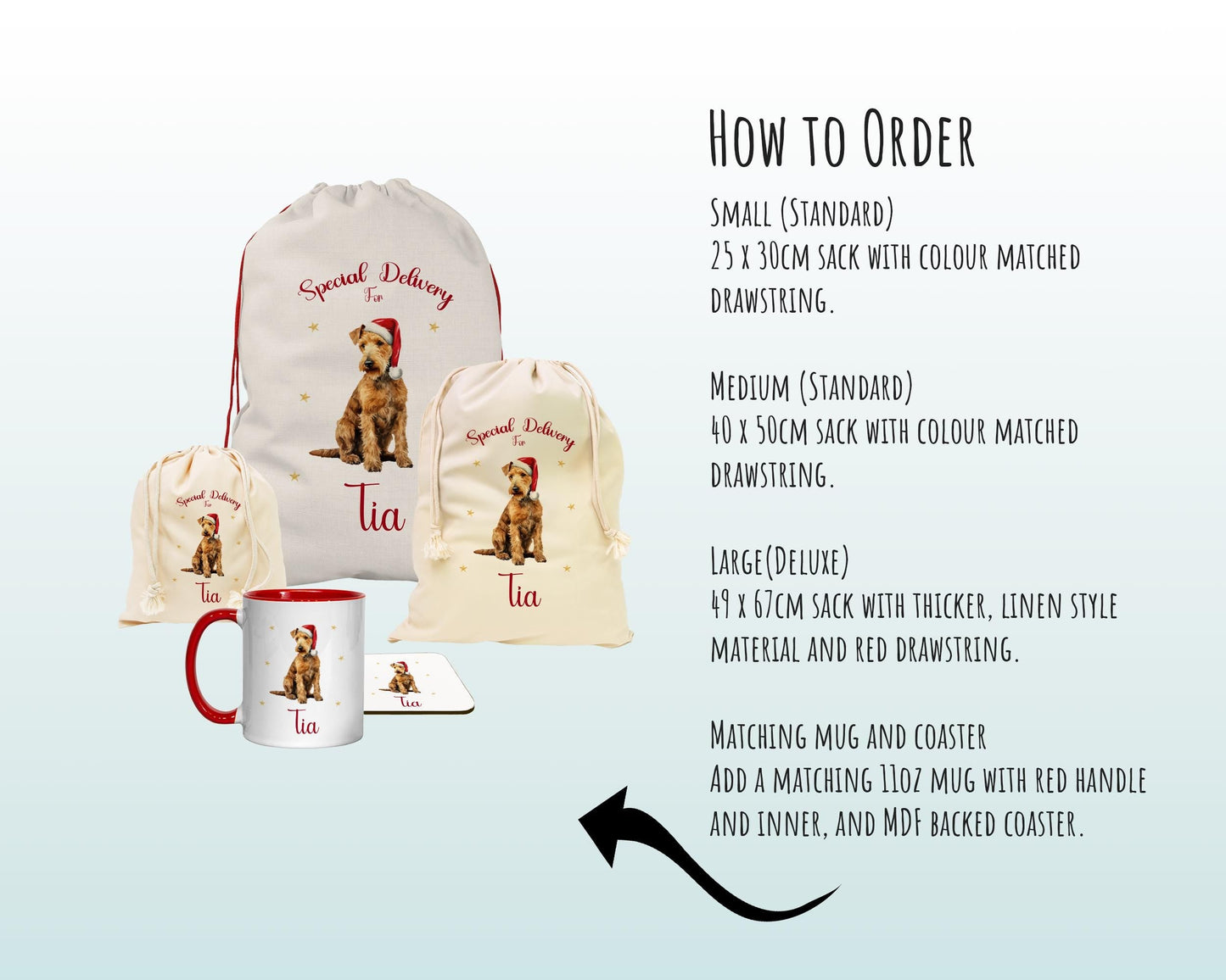 Personalised Lakeland Terrier Large Christmas Sack - Red Drawstring Bag for Xmas Presents - Christmas Eve Bag Box Decoration for Dogs XS126