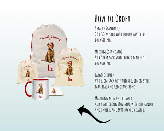 Personalised Lakeland Terrier Large Christmas Sack - Red Drawstring Bag for Xmas Presents - Christmas Eve Bag Box Decoration for Dogs XS126