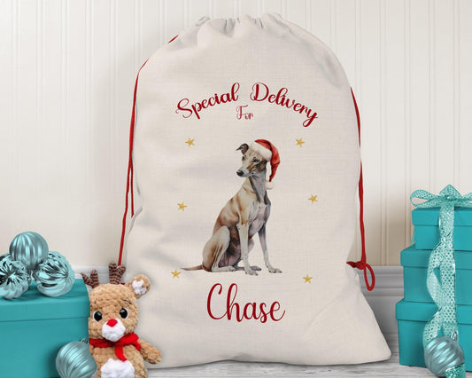 Personalised Greyhound Large Christmas Sack - Red Drawstring Bag for Xmas Presents - Christmas Eve Bag Box Decoration for Dogs XS112