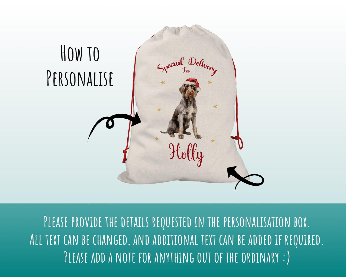 Personalised German Wire Haired Pointer Large Christmas Sack - Drawstring Bag Xmas Presents Christmas Eve Bag Box Decoration for Dogs XS108