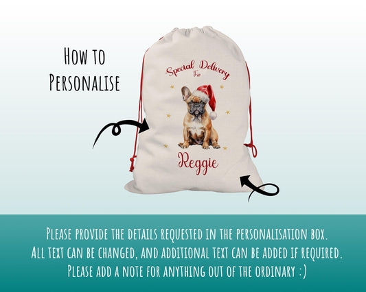 Personalised French Bulldog Large Christmas Sack - Red Drawstring Bag for Xmas Presents - Christmas Eve Bag Box Decoration for Dogs XS104