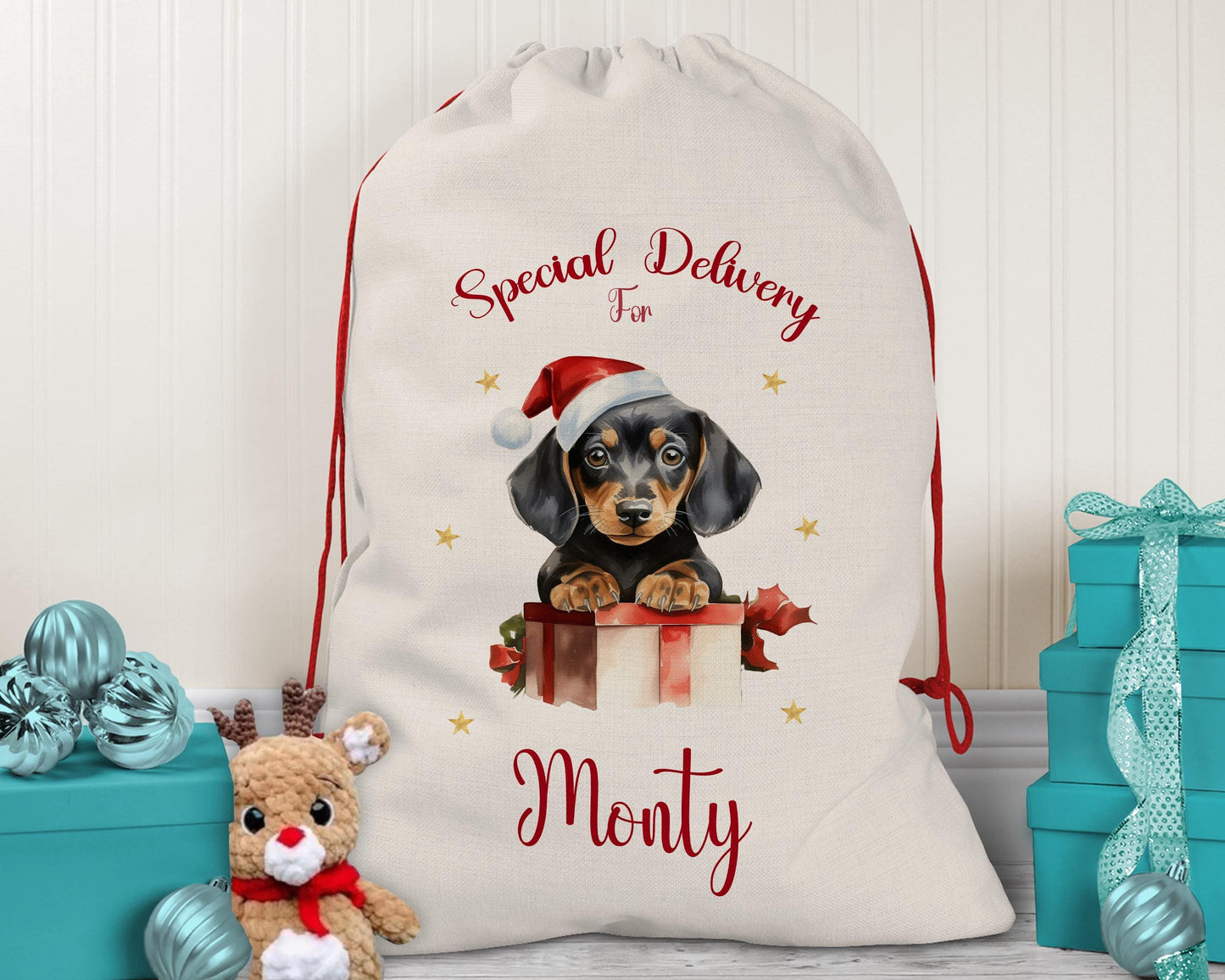 Personalised Dachshund Large Christmas Sack - Red Drawstring Bag for Xmas Presents - Christmas Eve Bag Box Decoration for Dogs XS092