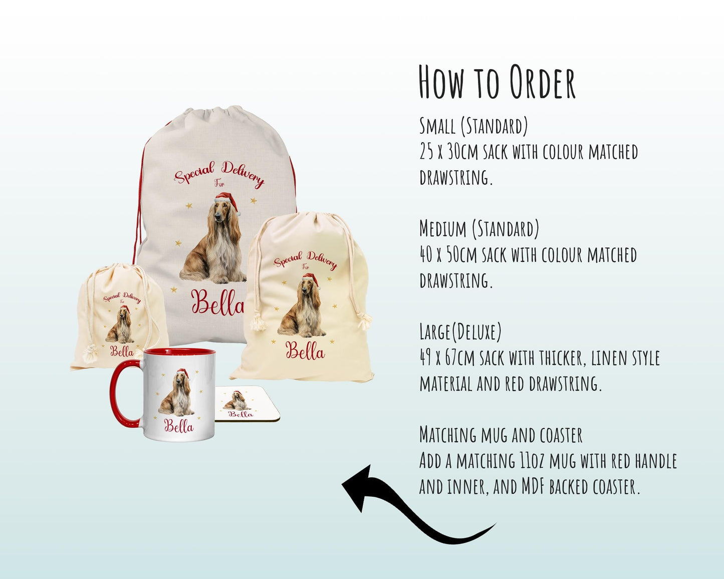 Personalised Afghan Hound Large Christmas Sack - Red Drawstring Bag for Xmas Presents - Christmas Eve Bag Box Decoration for Dogs XS065