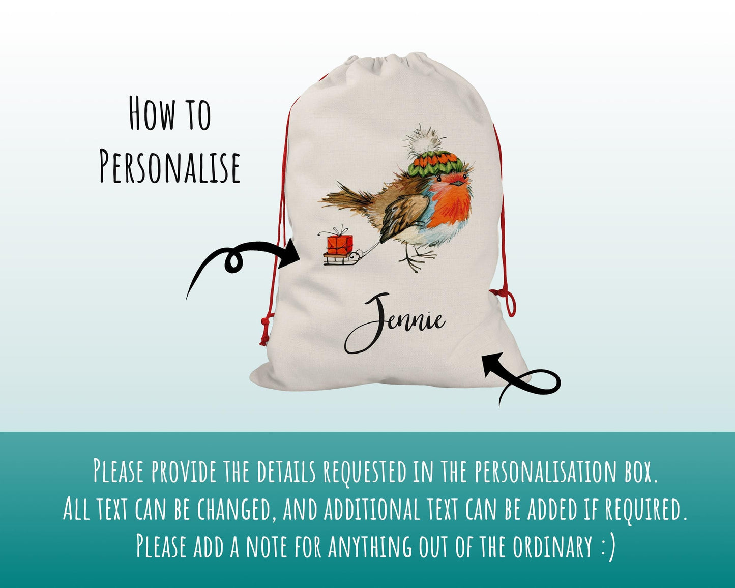 Personalised Large Christmas Sack Robin Sledge Design Xmas Stocking Gift Rudolph Sack Red Drawstring Christmas Decoration SK051