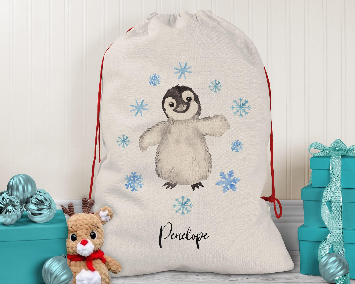 Personalised Large Christmas Sack Penguin Name Xmas Stocking Gift Stocking Rudolph Sack Red Drawstring Christmas Decoration SK109