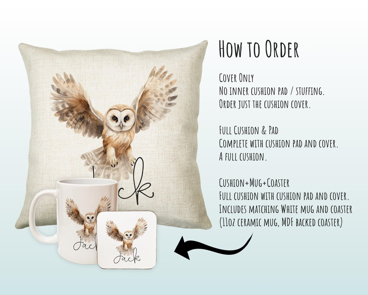 Personalised Owl Cushion Gift Printed Name Design - Cushion Throw Pillow for Him Her - Wild Birds of Prey Lover Gift Idea SMC011