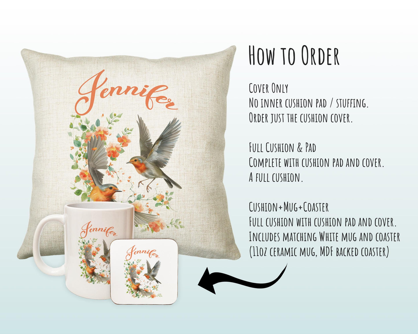 Personalised Robin Gift Cushion Printed Name Design - Cushion Throw Pillow for Him Her - Wild Birds Lover Gift Idea - Little Robin SMC020
